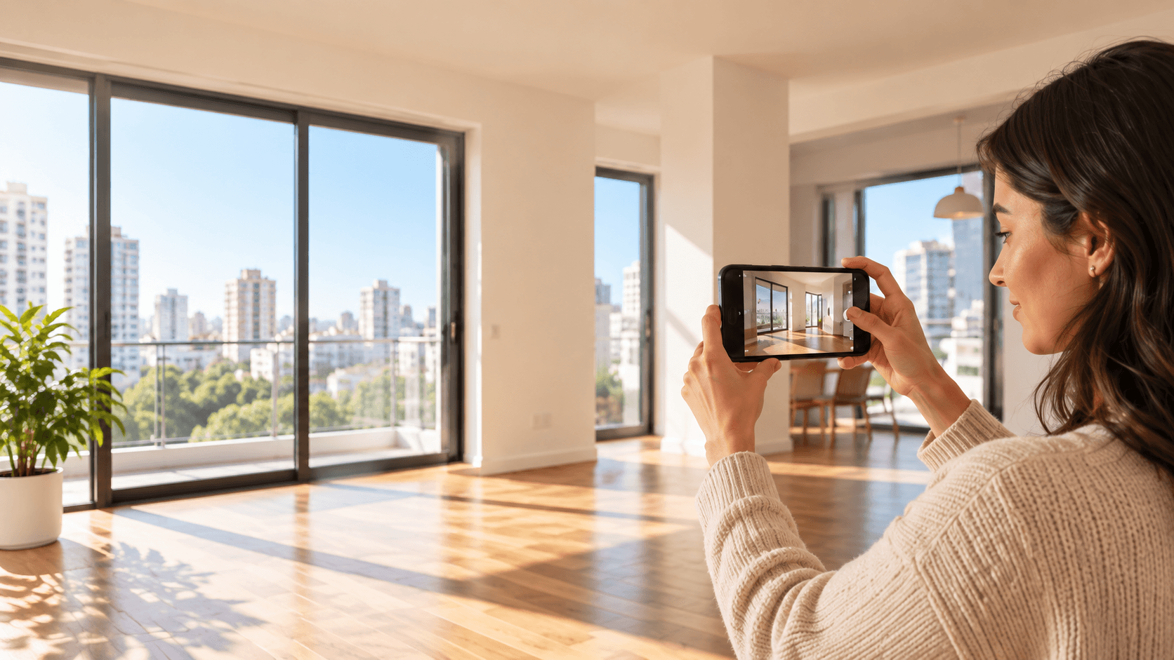 Mulher fotografando um apartamento claro e moderno com o celular durante a vistoria de entrada