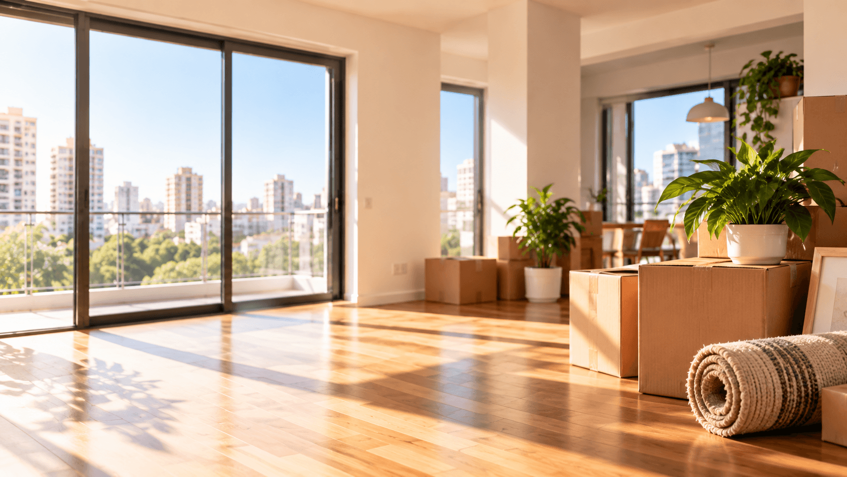 Apartamento iluminado com caixas de mudança do lado direito, representando a chegada a um novo imóvel